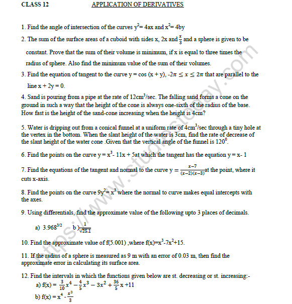 CBSE Class 12 Mathematics Application Of Derivatives Worksheet Set A